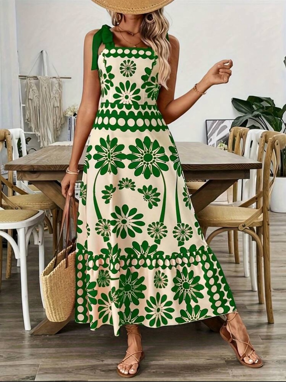 NEW - Green Floral Boho Maxi Dress Cottagecore Summer Vacation Style